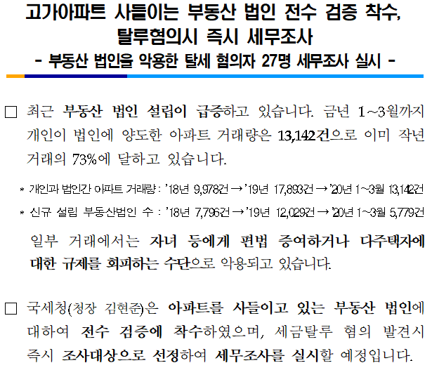 고가아파트 사들이는 부동산 법인 전수 검증 착수, 탈루혐의시 즉시 세무조사